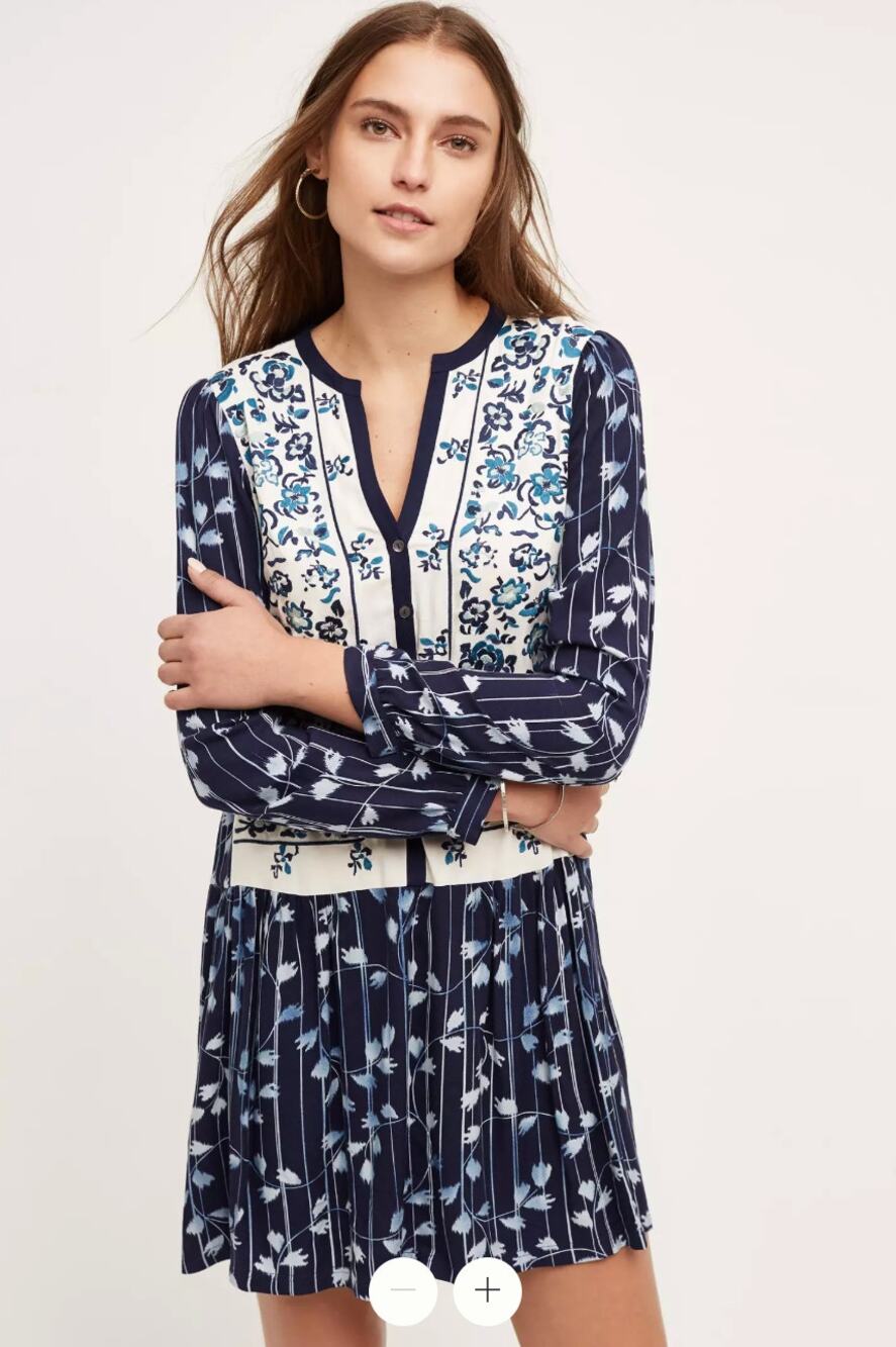 Anthropologie Tiny Embroidered Floral Mixed Print Boho Tunic Dress XS Blue